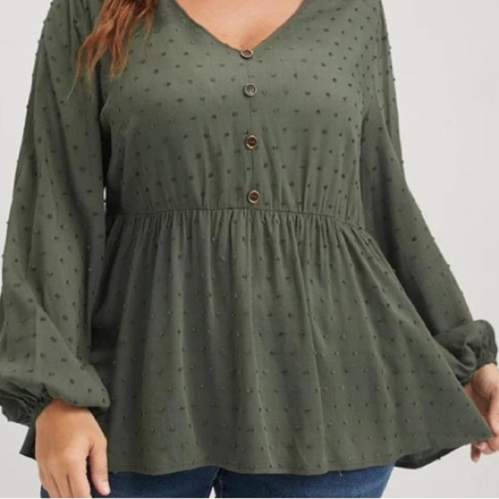 NWT Bloomchic Olive Green Button Down Long Sleeve Babydoll Blouse 22/24